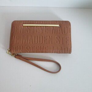 Steve Madden Wristlet Wallet Brown Zip Around Spelled Out Letters Logo